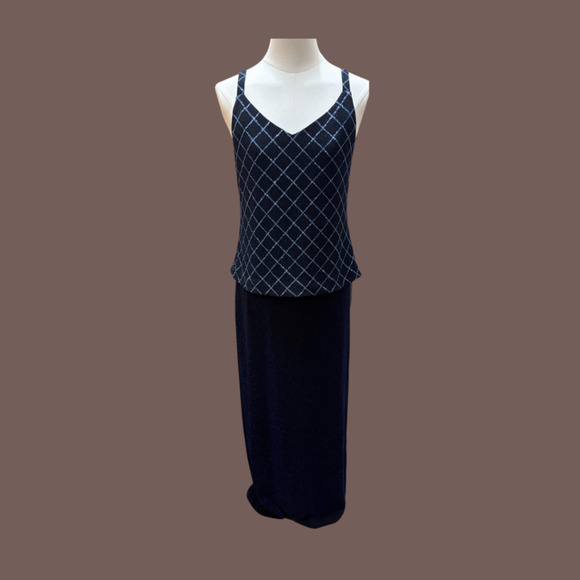 Alex Evenings Metallic Gown | Navy Blue Silver | Size 10P | Vintage - Picture 1 of 5